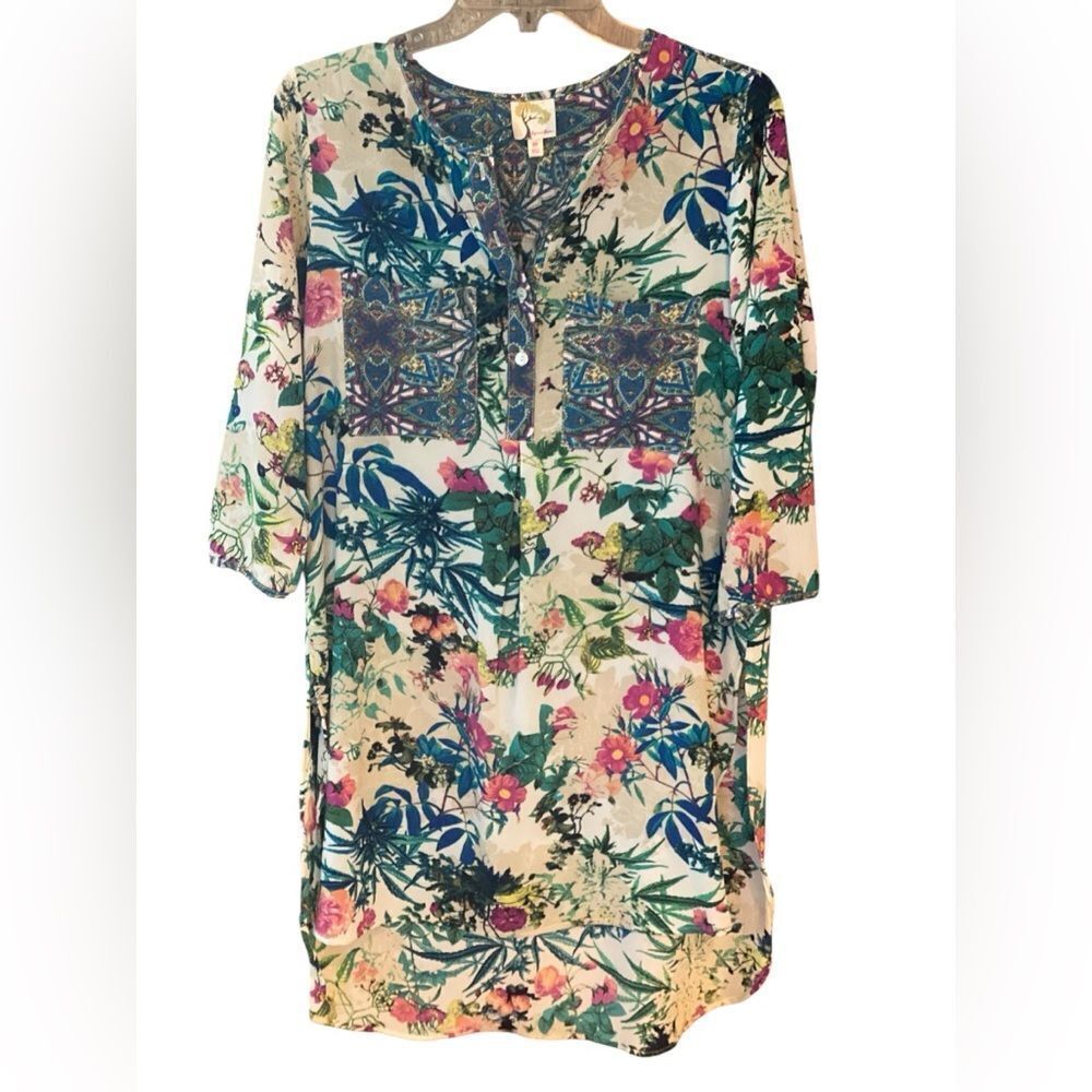 Fig and Flower Sz M Green Multi-Color Floral Paisley Tunic Blouse Mini Dress